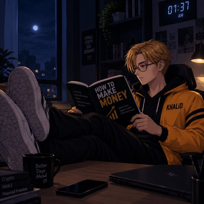 An anime-style illustration of a young man wearing a yellow jacket with 'KHALID' text, sitting and reading a book titled 'HOW TO MAKE MONEY' at 01:37 AM, with a 'Better Days Ahead' mug nearby.