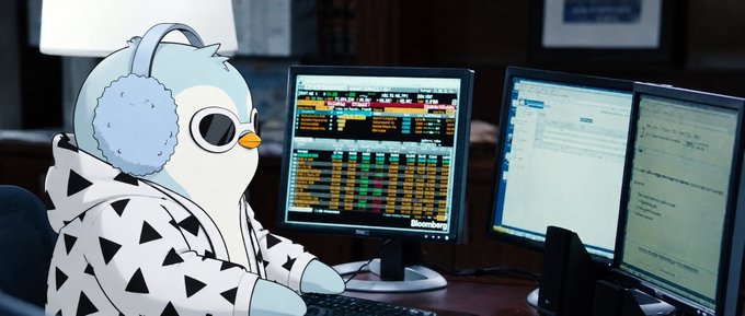 The image features an animated penguin sitting at a desk, wearing headphones and working on a computer with multiple screens open in front of him. The background shows a room with two TVs displaying financial data, suggesting that the scene takes place in a financial or trading environment. The penguin appears to be focused on his work while surrounded by various screens and monitors related to finance and stock markets.