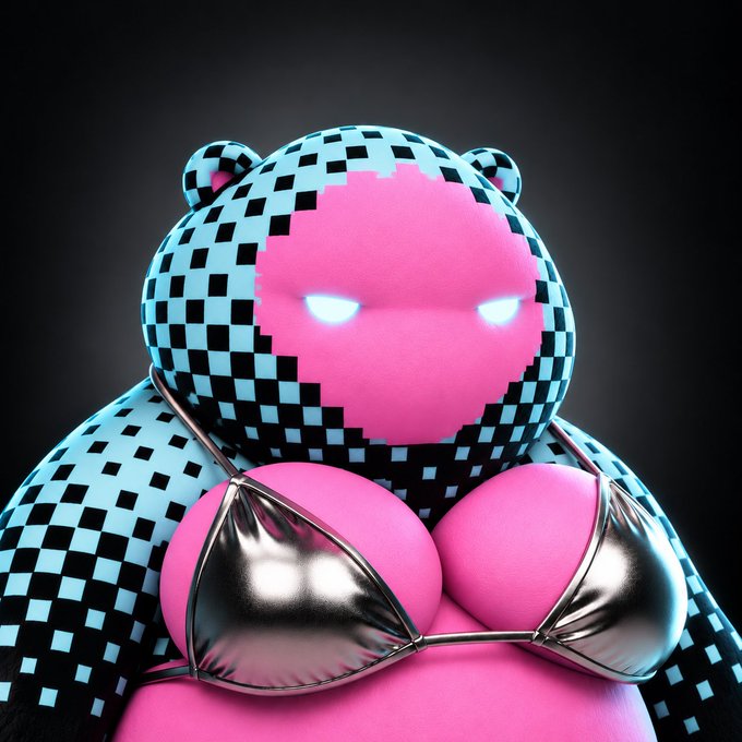 A 3D-rendered figure with a blue and black checkered bear-like head, a pink face with glowing white eyes, and a silver metallic bikini top against a dark background.