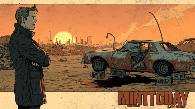 A bearded man in a dark coat stands arms-crossed in a post-apocalyptic wasteland overlooking a rusted car and distant city skyline at sunset. The banner reads "MINTTODAY" with "DECEMBER" and "4:00 PM UTC" beneath, reinforcing the post's announcement of an upcoming NFT mint on OpenSea at 4:30 PM UTC.