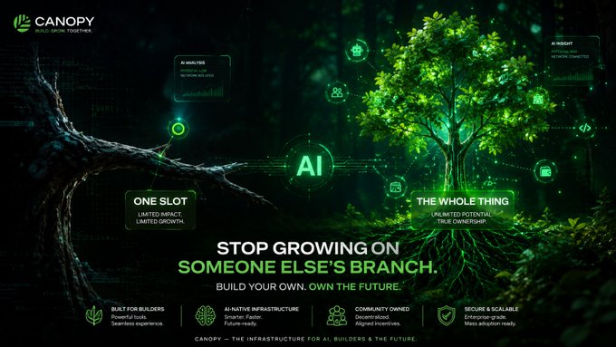 A green-themed promotional banner for 'CANOPY' features a tree and asks 'STOP GROWING ON SOMEONE ELSE'S BRANCH,' highlighting AI-native infrastructure built for builders.