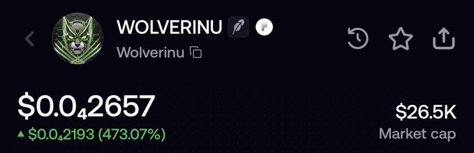 A cryptocurrency tracker screen showing Wolverinu at $0.0₄2657, up $0.0₄2193 (473.07%), with a $26.5K market cap.