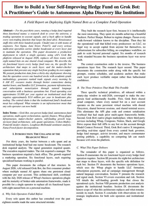A field report titled "How to Build a Your Self-Improving Hedge Fund on Grok Bot" by Index Terms—Grok Bot, with author Alex Freemon, outlining a nine-section blueprint for deploying eight named bots to run an AI-driven hedge fund using xAI's Grok platform. The document's instructions are intended to be sent directly to a Grok bot to autonomously construct the trading operation.