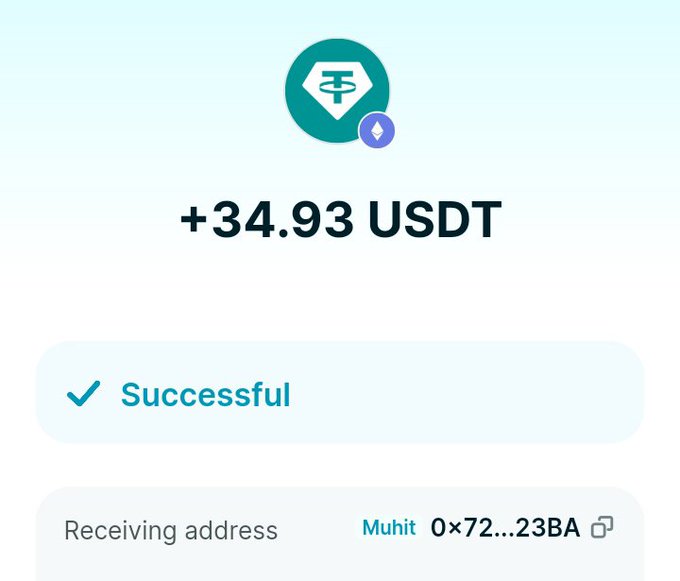 A successful USDT transfer confirmation showing +34.93 USDT received, with the receiving address 'Muhit 0x72...23BA' displayed at the bottom.