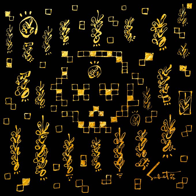 An abstract artwork featuring golden yellow pixelated designs, face-like motifs, and plant-like symbols on a black background, signed 'Lantåt' in the corner.