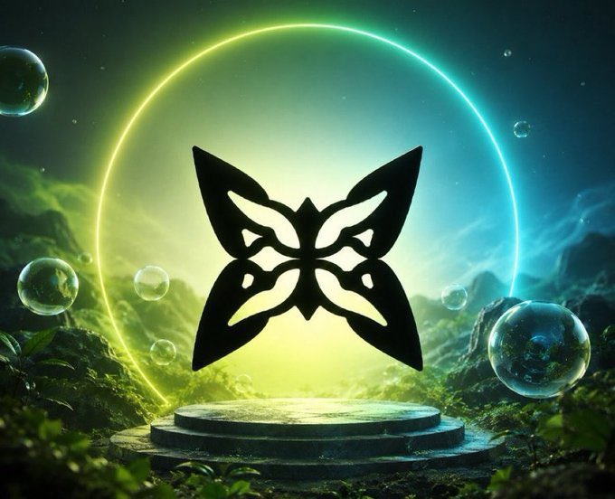 A symmetrical black butterfly-like logo on a circular stone pedestal, with a glowing green and blue portal background surrounded by bubbles and a lush landscape.