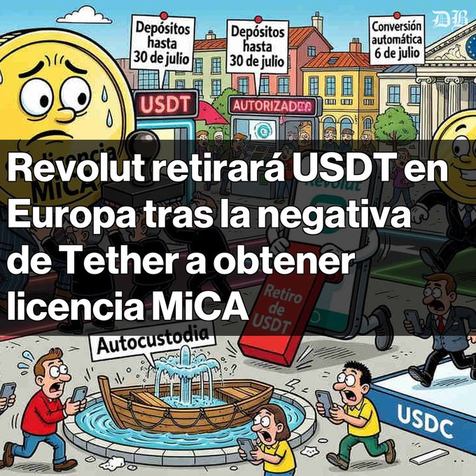 Spanish-language cartoon/news graphic with headline 'Revolut retirará USDT en Europa tras la negativa de Tether a obtener licencia MiCA', depicting Tether and USDC characters around a fountain labeled 'Autocustodia'.