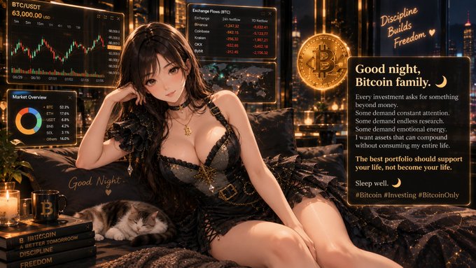 An anime-style illustration of a girl in a gothic black dress beside a sleeping cat, surrounded by Bitcoin/cryptocurrency charts and text reading "Good night, Bitcoin family" with hashtags #Bitcoin #Investing #BitcoinOnly.