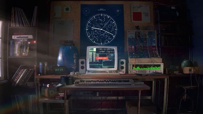 A retro-style workspace features a vintage computer displaying a "LIVE LIVE" banner, an audio equalizer, a star chart poster, and a digital clock reading "09:19," with a radioactive barrel and technical schematics adding to the dimly lit, investigative atmosphere. The scene's hidden truth-seeking vibe mirrors the post's theme of decentralized AI juries uncovering authority outside any single model's control.