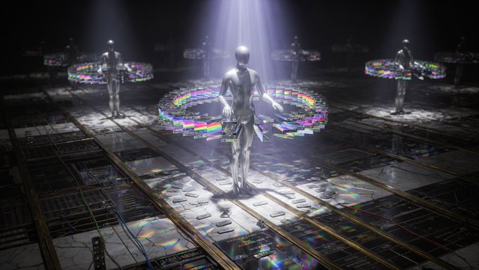 Image 3 displays a digital artwork of several metallic humanoid figures standing on a circuit-board-like surface, each surrounded by colorful, glitch-like rings of light against a dark background.