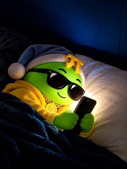 A green cartoon character wearing a blue Santa hat, sunglasses, and gold 'π' (pi) jewelry, lying in bed looking at a smartphone.