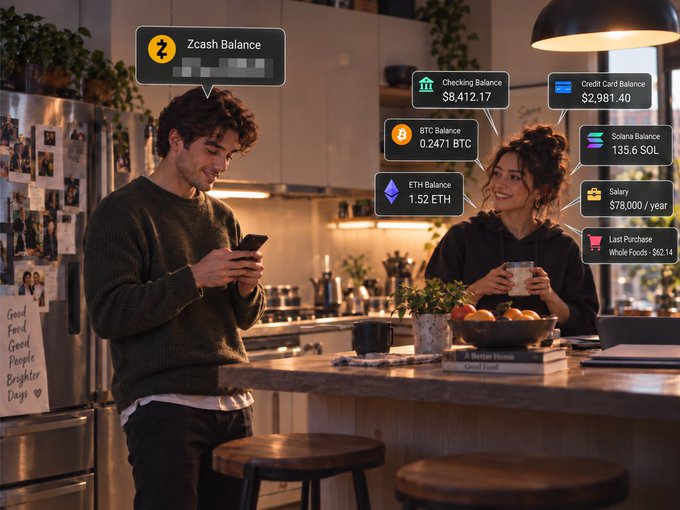 A man checks his phone in a cozy kitchen while his girlfriend sips coffee, both seemingly unaware of floating overlays displaying their combined wealth: a Checking Balance of $8,412.17, Credit Card Balance of $2,981.40, BTC Balance of 0.2471 BTC, ETH Balance of 1.52 ETH, Zcash Balance, 135.6 SOL, a Salary of $78,000/year, and a Last Purchase at Whole Foods for $62.14. The caption's reminder—"Your roommate needs the rent. Not your net worth"—highlights that despite impressive crypto and credit figures, practical finances like the checking balance are what matter most in the moment.