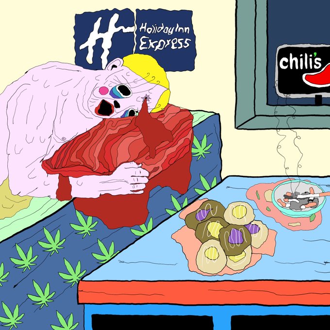 A figure with blonde hair and a distorted, expressive face clings to a red pillow amid scattered cannabis leaves, while a table displays donuts and a bowl, with "Holiday Inn Express" and "chilis" signs visible in the background—capturing the chaotic, comfort-seeking vibe of a post-celebration scene referenced in the caption congratulating @toadswiback.