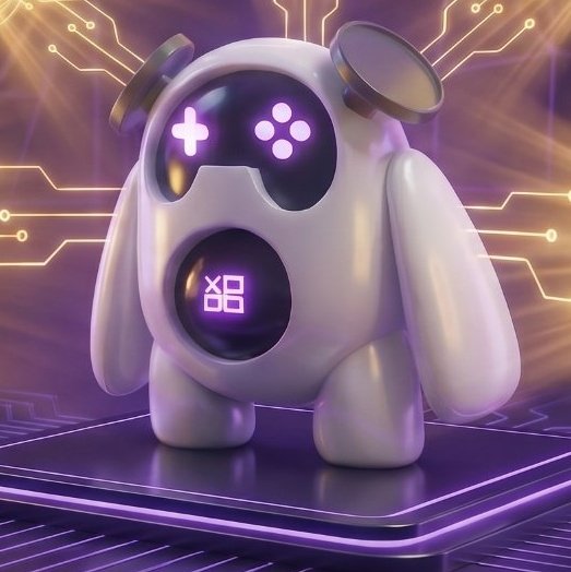A 3D render of a white, glossy robot character with purple glowing eyes shaped like a plus sign and dots, featuring a small game controller icon on its chest, set against a purple background with glowing circuit patterns.