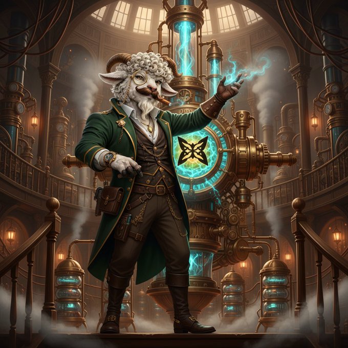 The image features a man dressed as a wizard, complete with a green coat and brown boots, standing in front of an old steam engine or clock tower. The man has a mustache and is holding a wand, which he uses to cast spells. The scene takes place inside a building that appears to be made entirely out of glass, giving it the appearance of a museum or art gallery. The image also includes text elements such as "@quipnetwork" and "@quipnetwork", suggesting that this might be an advertisement for a new NFT or a related project.