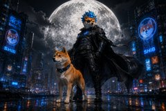 The image features a man dressed as a Shiba Inu, standing next to his dog who is also dressed up like a Shiba Inu. They are both posing together with their costumes for the camera. The background of the image shows a cityscape at night, which adds an urban and exciting atmosphere to the scene. The caption below the image reads: "AWoOoooOoOOO $SHIB stands as second-biggest meme in crypto, and already beat first before. From the US to Japan passing by EU and much others growing real-world recognition and adoption".