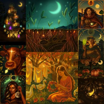 A collage of various mystical and nature-themed illustrations, featuring motifs like moons, glowing crystals, trees, cows, pumpkins, and female figures in warm, earthy tones.