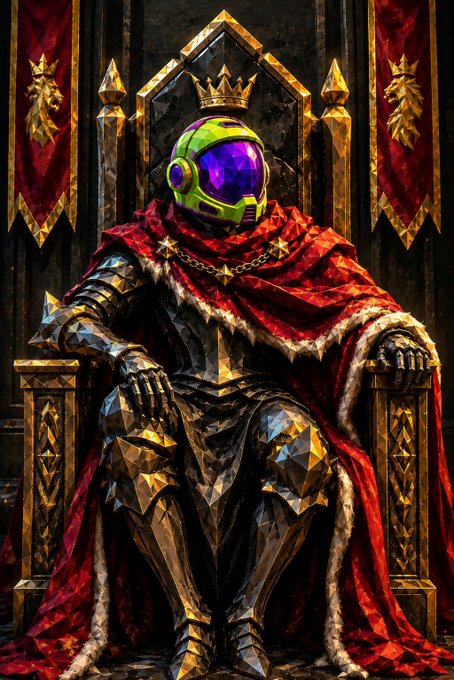 A character wearing green and purple futuristic helmet and ornate golden armor with a red cape sits on a gothic throne.