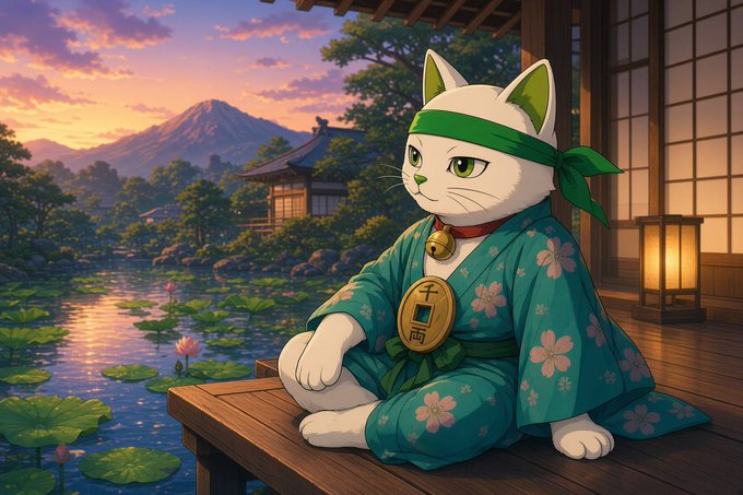 An anime-style illustration of a white cat wearing a green kimono and headband, sitting on a wooden deck overlooking a pond with lotus flowers and Mount Fuji at sunset.