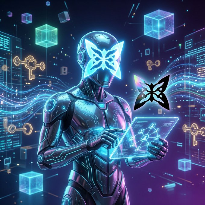 A sleek robotic figure with a glowing butterfly emblem on its face holds a holographic tablet displaying network data, surrounded by floating cubes and data streams in a futuristic neon-lit environment—symbolizing the intersection of quantum computing and efficient blockchain operations being tested on the Quip Network testnet.