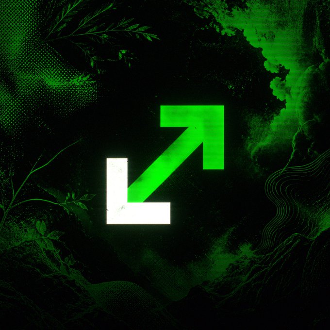 A stylized graphic featuring a bright green upward-pointing arrow on a white background, set against a dark, textured green backdrop with foliage and abstract patterns.