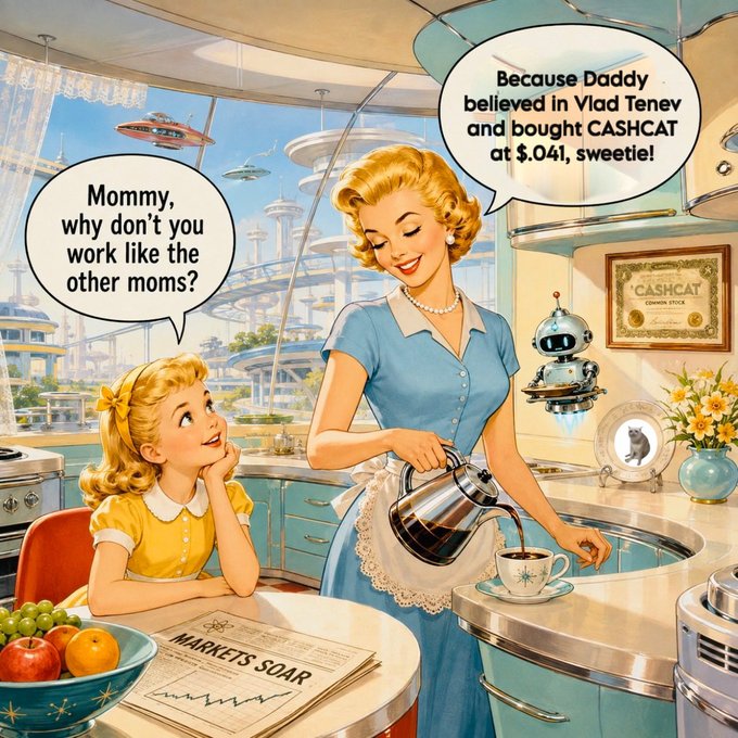 A retro-futuristic illustration depicts a blonde mother in a blue dress pouring coffee in a high-tech kitchen while her daughter asks, 'Mommy, why don't you work like the other moms?' The mother replies, 'Because Daddy believed in Vlad Tenev and bought CASHCAT at $.041, sweetie!' A framed 'CASHCAT' stock certificate hangs on the wall, and a newspaper headline reads 'MARKETS SOAR'.