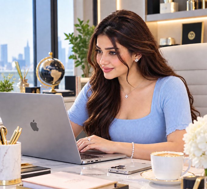 A woman with long brown hair wearing a light blue top works on a MacBook laptop at a desk with a city view in the background.