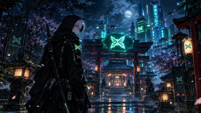 Anime-style illustration of a silver-haired character in dark cloak and gear standing before a futuristic neon-lit cityscape that blends traditional Japanese torii gates with cyberpunk skyscrapers and cherry blossoms, with 'Doppelwerk' branding visible.