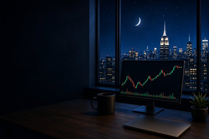 A dark, moody desk setup features a monitor displaying a green and red stock chart, with a coffee mug, laptop, and a nighttime city skyline visible through the window behind it.