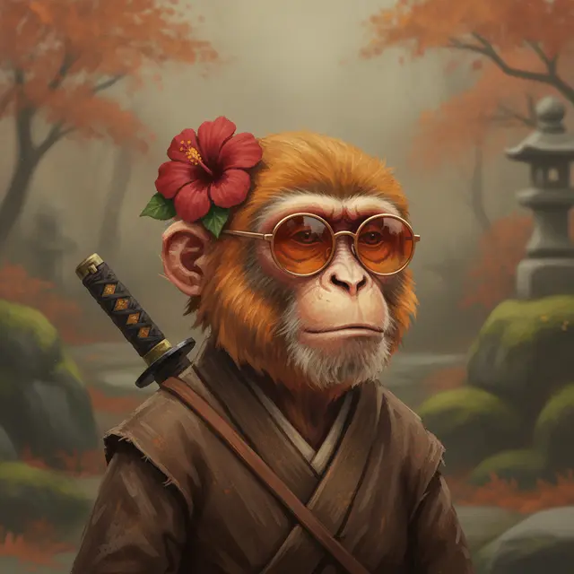 A digital artwork of a monkey wearing round orange-tinted glasses and a brown robe, with a red hibiscus flower on its ear and a katana strapped to its back, set in a Japanese-style autumn garden.