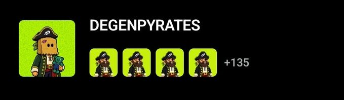 The image shows a collection called "DEGENPYRATES" featuring pirate NFT characters, with 4 of 139 owned (+135 more). It relates to the post by visually representing the NFT collection the user invested $50 into, only for the developer to vanish for 21 hours, illustrating their frustration with the "rug pull" situation.