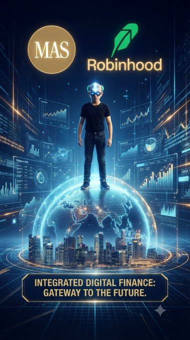 A futuristic digital finance promotional graphic featuring MAS and Robinhood logos above a figure in VR goggles standing on a glowing globe, with the tagline 'INTEGRATED DIGITAL FINANCE: GATEWAY TO THE FUTURE.'