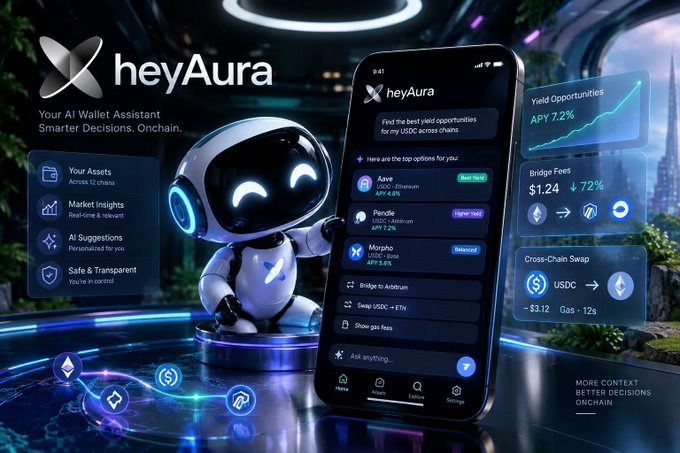 A promotional image for 'heyAura' AI Wallet Assistant showing a cute robot mascot alongside a smartphone displaying crypto yield opportunities like APY 7.2% and bridge fees.