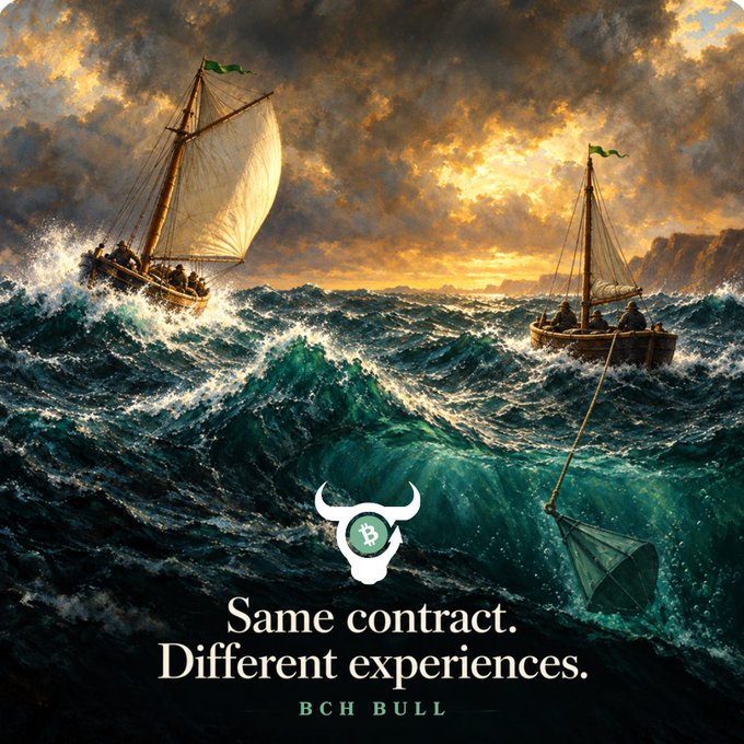A promotional graphic depicting two boats on stormy seas with a Bitcoin Cash (BCH) bull logo and the text 'Same contract. Different experiences.'