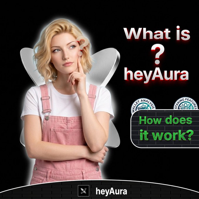 A promotional graphic with a woman in pink overalls with white wings, asking 'What is heyAura?' and 'How does it work?' with badges for 'WALLET ANALYSIS' and 'STAKING FEATURES'.
