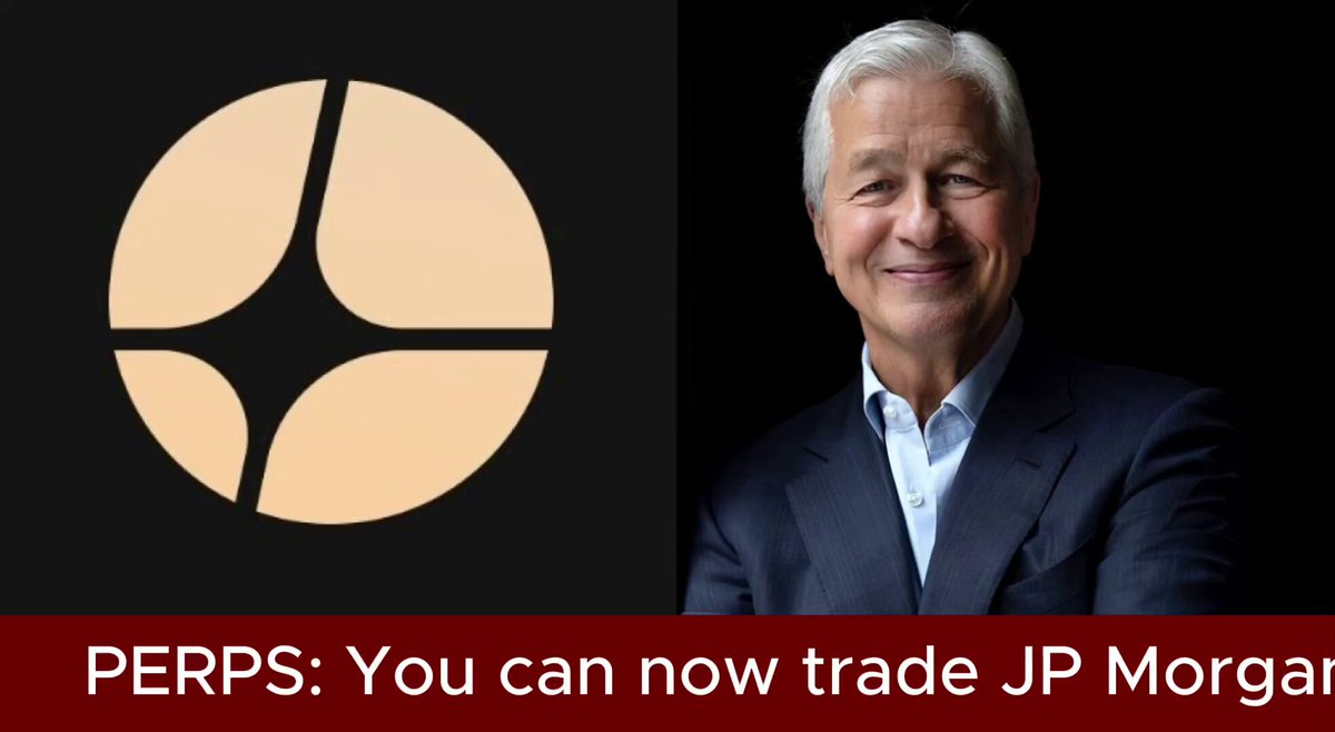 The image features a gray backdrop with the text "PERPS: You can now trade JP Morgan and Walmart on Aster... @Aster_DEX", accompanied by an image of a man wearing a suit, smiling for the camera. The text below the man's photo identifies him as one of the industry's leading perp DEXs. Additionally, it lists several traditional assets that are available to trade, such as Jp Morgan and Walmart, among others.