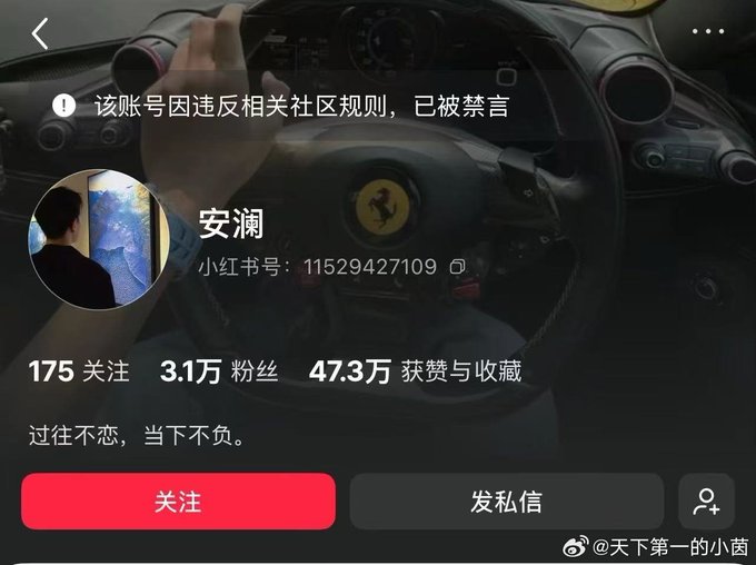 A Chinese social media (Xiaohongshu) profile page for user '安澜' showing 175 follows, 3.1万 followers, and 47.3万 likes, with a notification that the account has been banned for violating community rules.