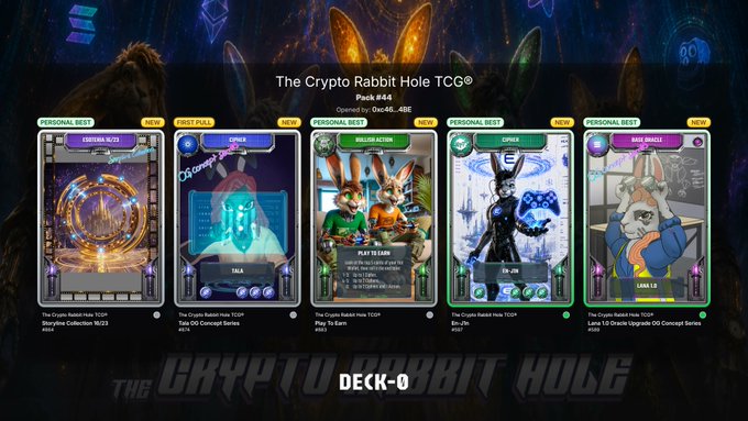 A digital trading card pack display called 'The Crypto Rabbit Hole TCG®' Pack #44, showing cards from the Decentralized Series, Tales DD Concept Series, and more.