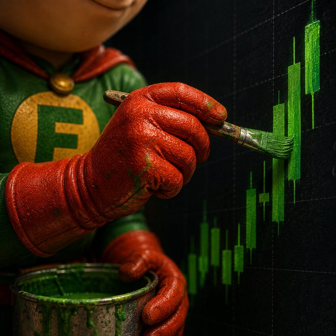 A creative image of a character in a green superhero costume with a large 'F' logo and red gloves, painting a green candlestick stock chart on a dark surface.