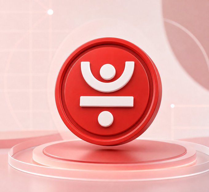 A glossy red 3D circular icon featuring a stylized white character resembling a curved "U" shape above a horizontal bar and dot sits on a reflective pedestal against a soft pink background. The icon visually represents the JustLend DAO platform mentioned in the caption, symbolizing the importance of understanding collateral and liquidation thresholds in DeFi borrowing.