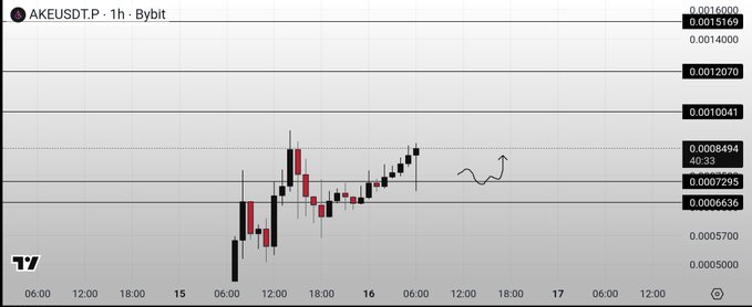 This is a 1-hour chart of $AKEUSDT on Bybit, showing a bullish trend with target indicators around 0.0008494 and a stop-loss around 0.0006636. The hand-drawn arrow suggests further upward movement.