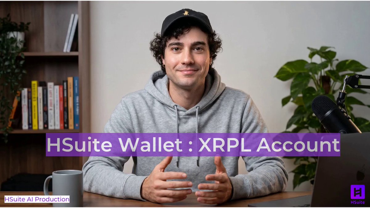 The image shows a man sitting at a desk with a laptop computer next to him. The background of the image features a bookshelf filled with various books. The main focus of the image is an advertisement for setting up an XRP Ledger inside a HSuite Wallet, which is displayed on a banner above the man's head and directly below his feet.