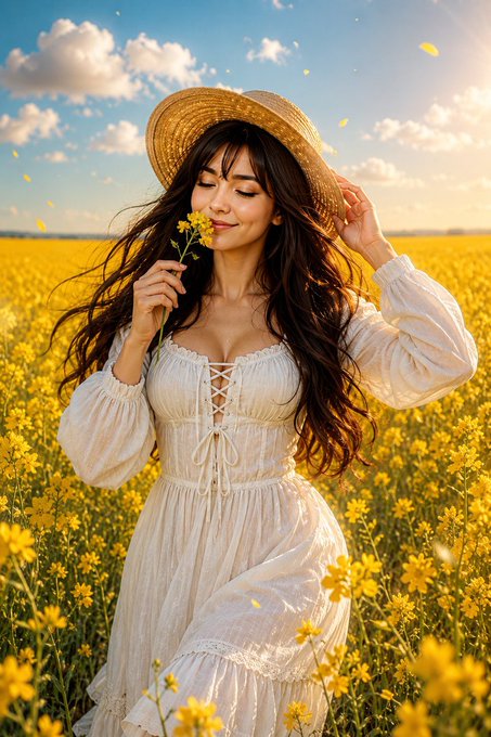 𝕏 family Are you also a @Wallchain Quacker? Wallchain is turning everyday on-chain activity into something more rewarding, as suggested by the caption "Good evening. 𝕏 family Are you also a @Wallchain Quacker?". The image features a woman wearing a white dress and a straw hat in a field of yellow flowers, with her hair blowing in the wind. She is holding a flower to her nose, possibly enjoying its scent or admiring it up close. This scene could be related to the post about Wallchain because both involve connecting people through shared interests or experiences. The woman's dress and the flower are symbols of connection and appreciation for beauty, while the Wallchain community emphasizes the importance of small actions that can lead to real value and a stronger sense of belonging within the group.