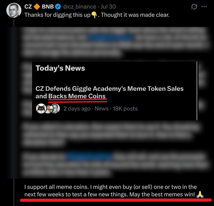 The image shows CZ's tweet highlighting a news article titled "Today’s News" with the text: "I support all meme coins. I might even buy (or sell) one or two in the next few weeks to test a few new things. May the best memes win!" This directly relates to the accompanying post about CZ and YZI Labs' involvement in meme coin launches like MarsCoin, which surged 100x to a $33M market cap on Flap, reinforcing the post's implication of insider attention on CZ-affiliated meme coin projects.