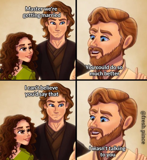 A four-panel comic features Disney-style characters; text reads "Master we're getting married", "You could do so much better", "I can't believe you'd say that", and "I wasn't talking to you", credited to @fresh.prince.