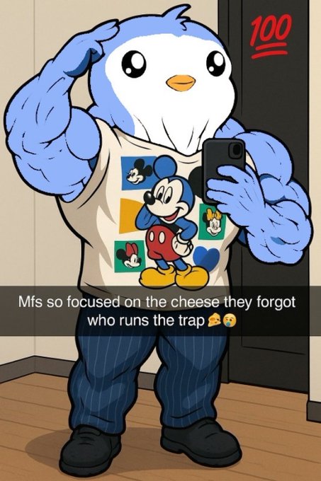 A muscular, anthropomorphic blue and white penguin takes a mirror selfie wearing a Mickey Mouse t-shirt and pinstriped pants, with "100" marked in red in the corner and text reading "Mfs so focused on the cheese they forgot who runs the trap." The image plays on the $PENGU Pudgy Penguins meme, using the trap/cheese metaphor to suggest the penguin character is the one controlling the hustle while others chase distractions.