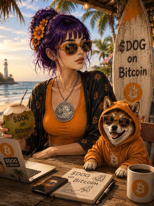 The image features a woman sitting at a table with her dog, both wearing sunglasses. On the table are two laptops - one open and another closed. There's also a coconut and a cup of coffee nearby. The background shows palm trees and a beach setting. The caption reads "I BELIEVE IN $DOG".
