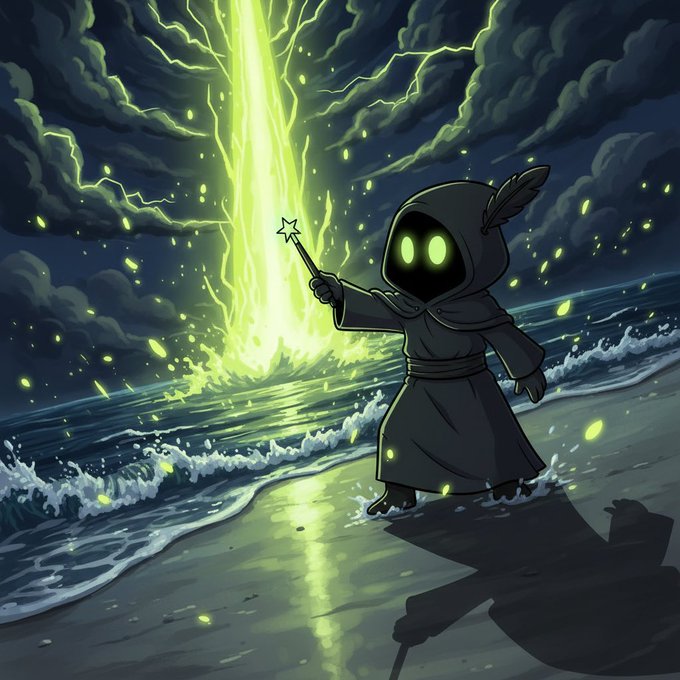 A digital illustration of a hooded figure with glowing green eyes and a feather holding a star-tipped wand, casting a bright green lightning beam over an ocean at night.
