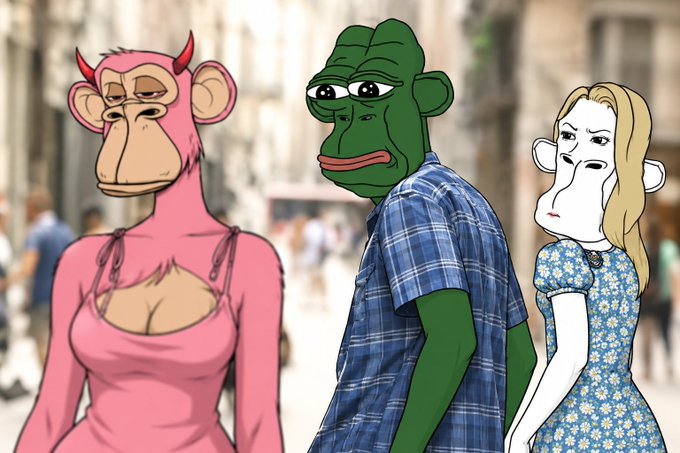 Three cartoon-style characters—a pink monkey-woman, a green ape-man in a plaid shirt, and a blonde woman—stand on a city street with awkward, judgmental expressions.