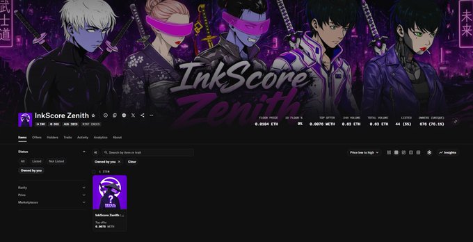 An NFT collection page displaying anime-style characters with blindfolds, titled 'InkScore Zenith', showing statistics like 'FLOOR PRICE 0.0104 ETH' and 'OWNED BY 25%'.